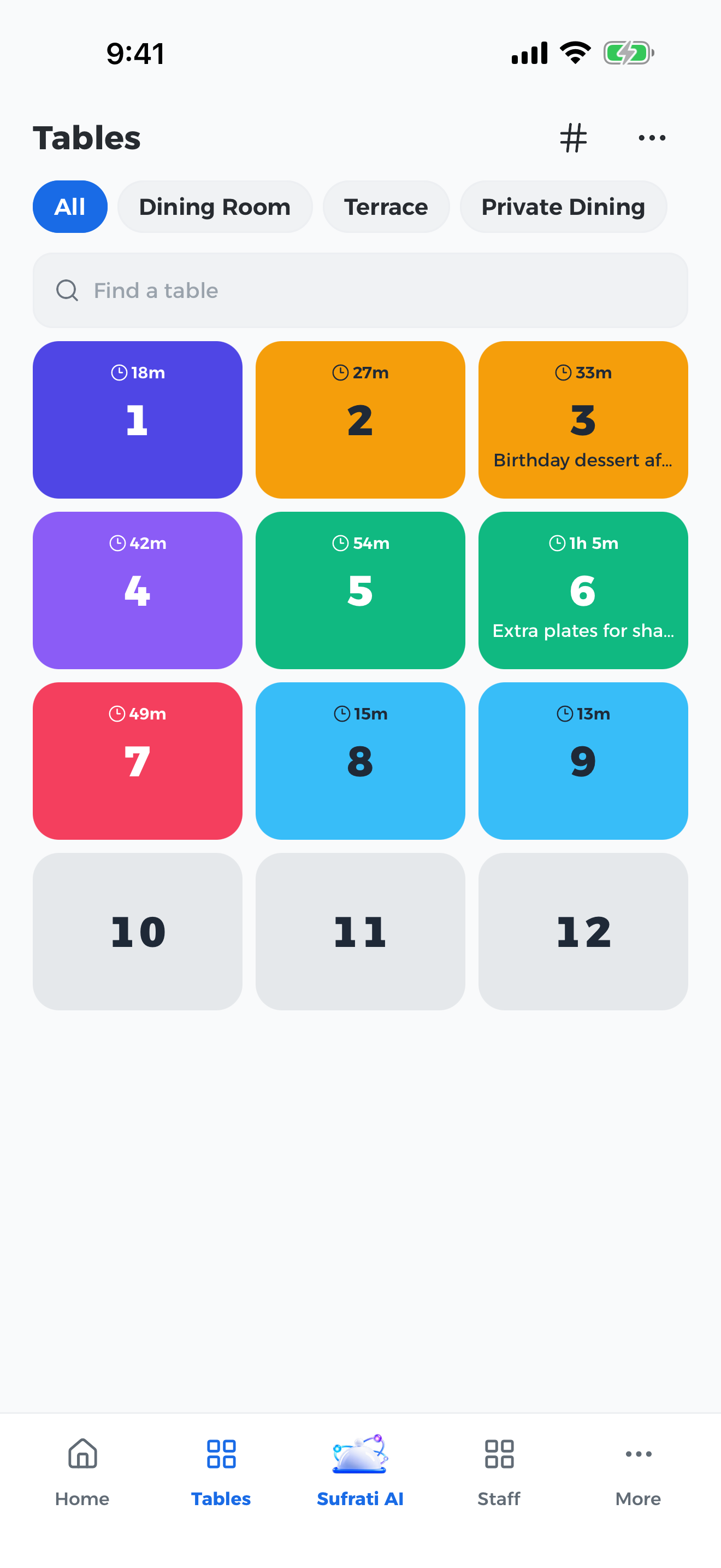 Sufrati on iPhone showing Le Voyage’s twelve tables